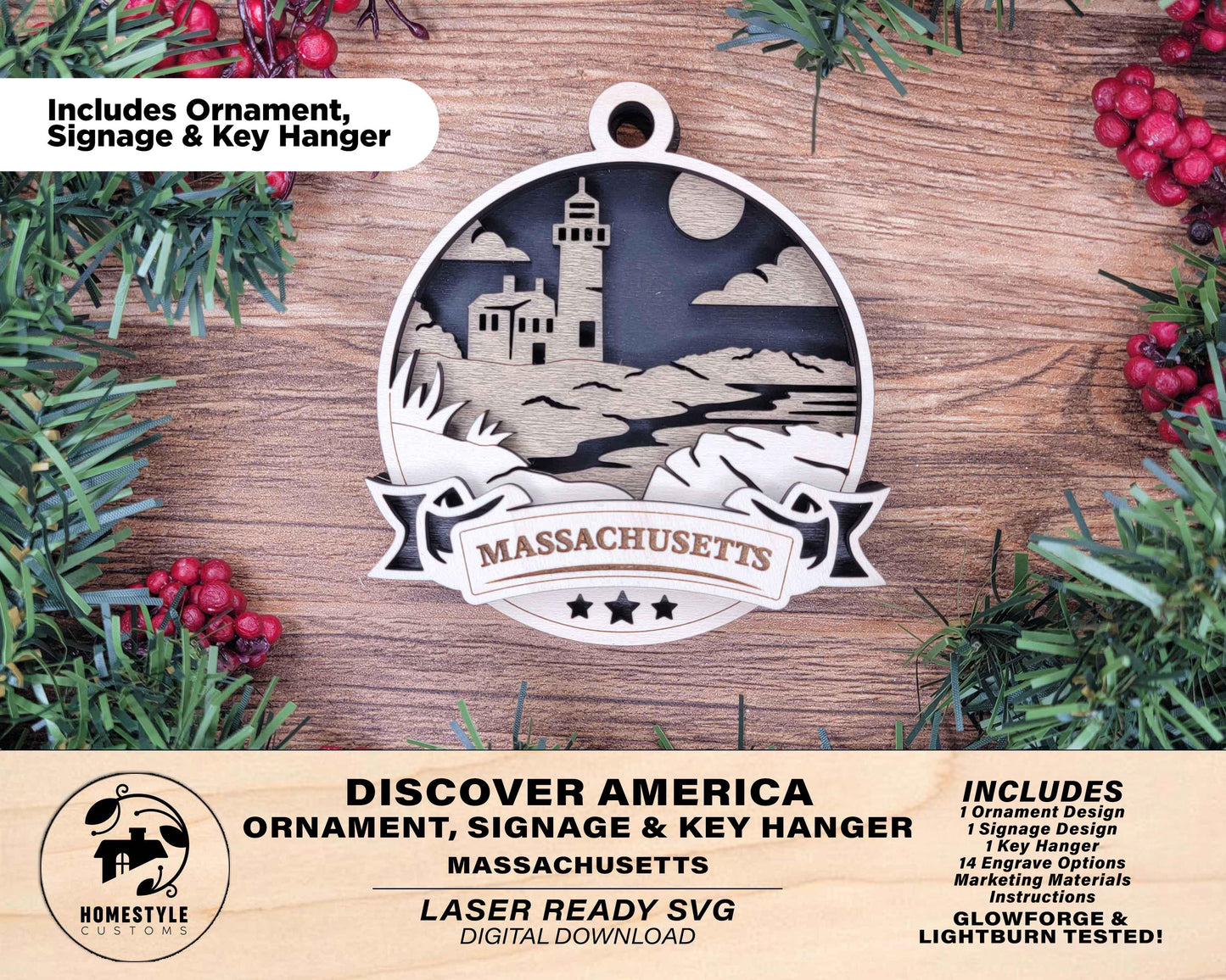 Massachusetts Discover America Set - Includes Ornaments, Signage & Key Hanger - SVG, PDF, AI File types - Works With All Lasers