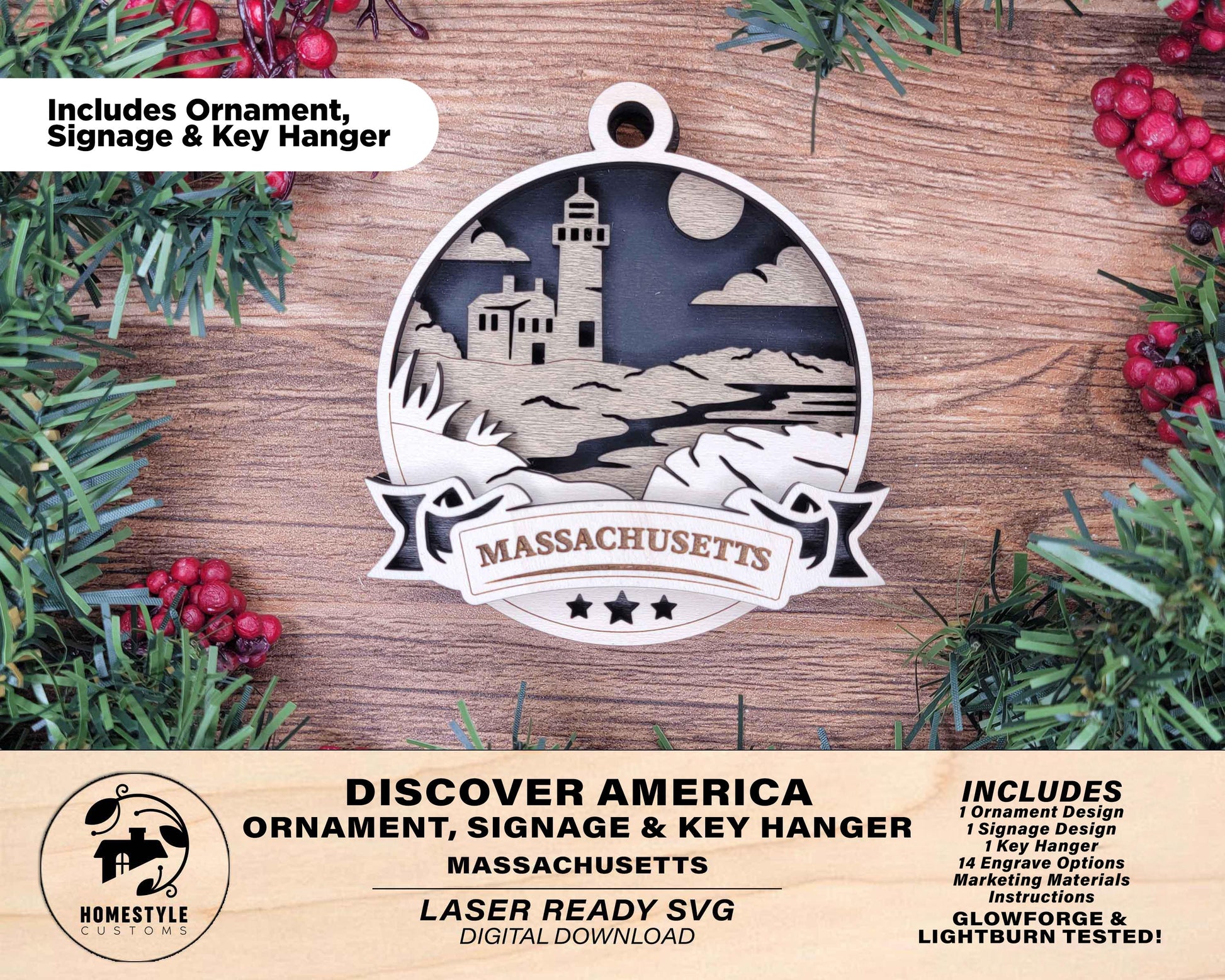 Massachusetts Discover America Set - Includes Ornaments, Signage & Key Hanger - SVG, PDF, AI File types - Works With All Lasers