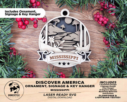 Mississippi Discover America Set - Includes Ornaments, Signage & Key Hanger - SVG, PDF, AI File types - Works With All Lasers