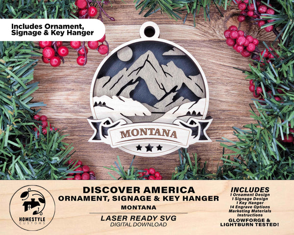 Montana Discover America Set - Includes Ornaments, Signage & Key Hanger - SVG, PDF, AI File types - Works With All Lasers