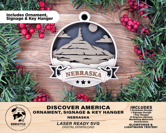 Nebraska Discover America Set - Includes Ornaments, Signage & Key Hanger - SVG, PDF, AI File types - Works With All Lasers