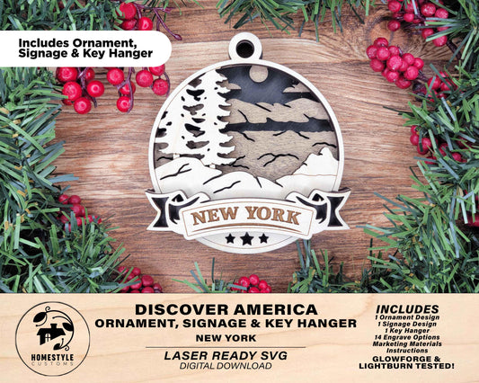 New York Discover America Set - Includes Ornaments, Signage & Key Hanger - SVG, PDF, AI File types - Works With All Lasers