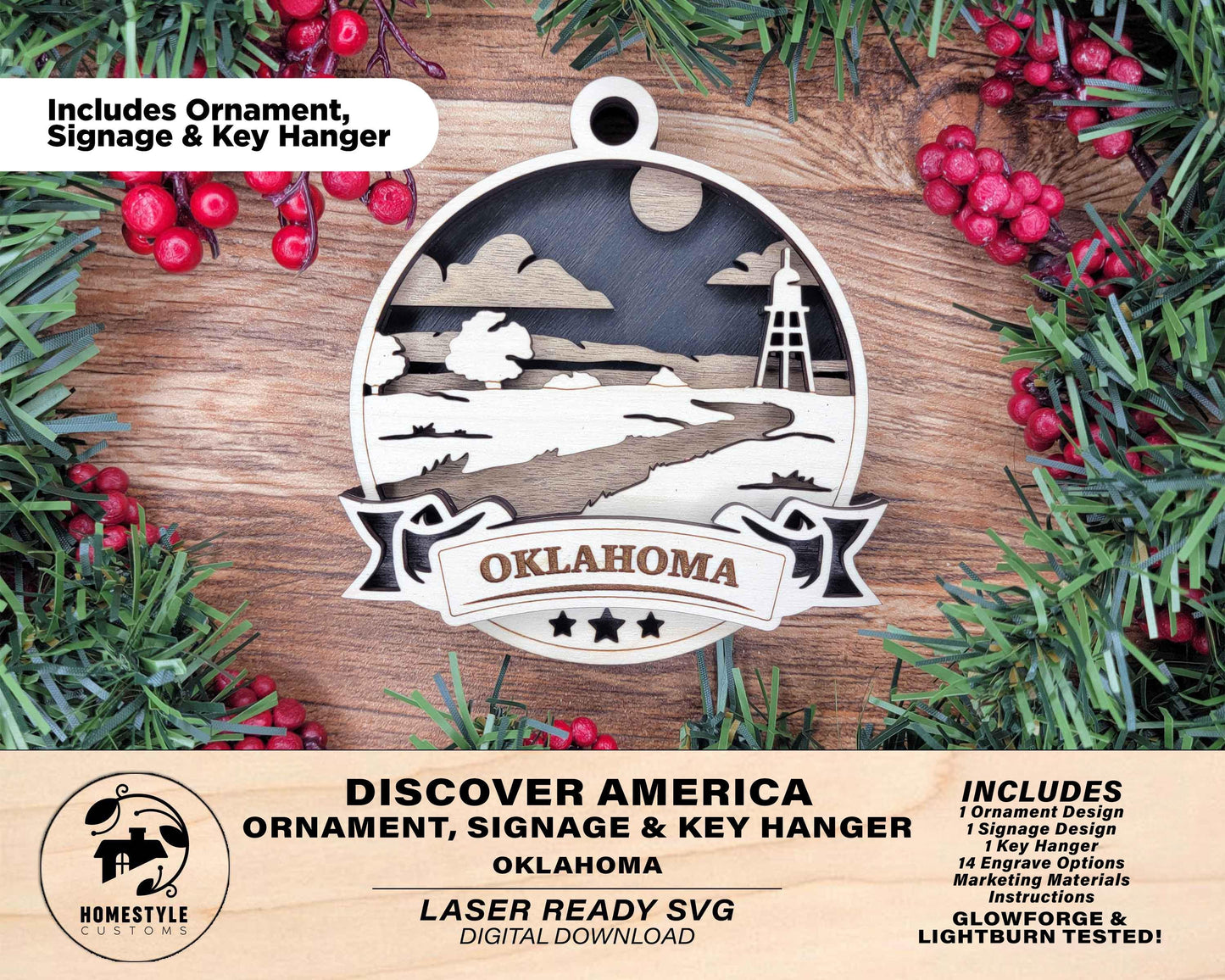 Oklahoma Discover America Set - Includes Ornaments, Signage & Key Hanger - SVG, PDF, AI File types - Works With All Lasers