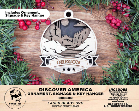 Oregon Discover America Set - Includes Ornaments, Signage & Key Hanger - SVG, PDF, AI File types - Works With All Lasers