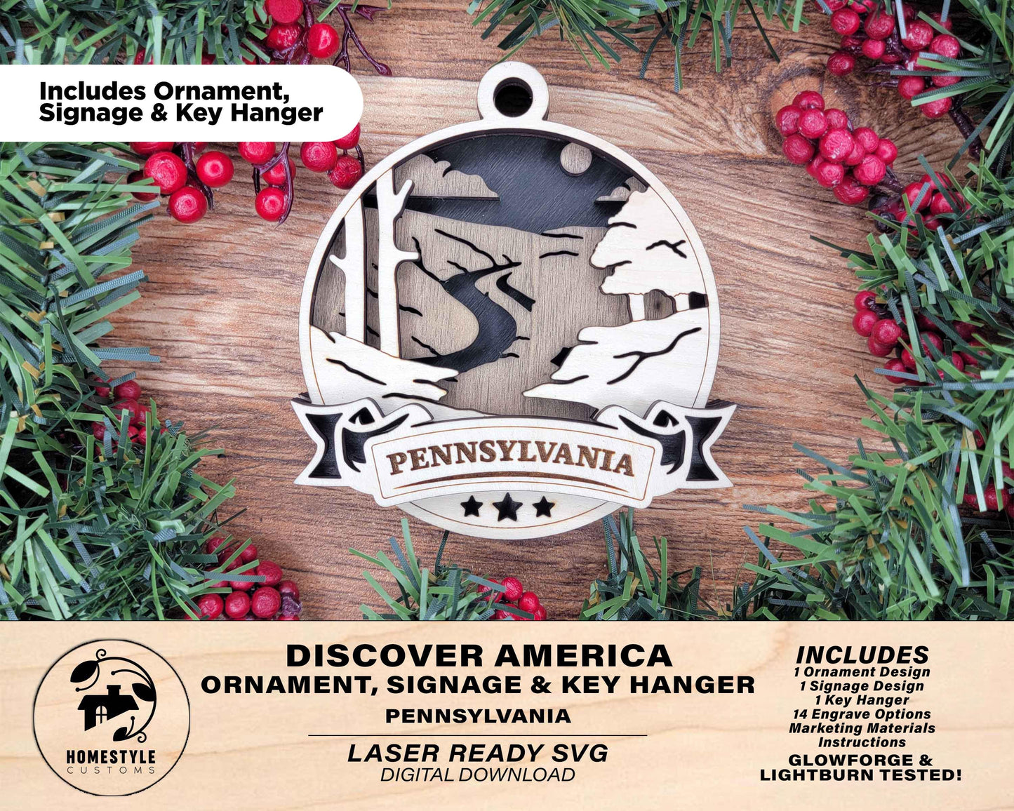 Pennsylvania Discover America Set - Includes Ornaments, Signage & Key Hanger - SVG, PDF, AI File types - Works With All Lasers