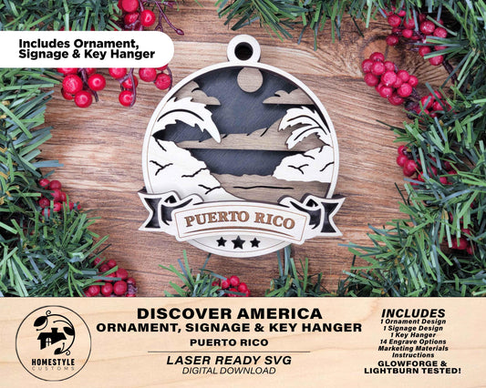 Puerto Rico Discover America Set - Includes Ornaments, Signage & Key Hanger - SVG, PDF, AI File types - Works With All Lasers