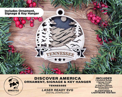 Tennessee Discover America Set - Includes Ornaments, Signage & Key Hanger - SVG, PDF, AI File types - Works With All Lasers