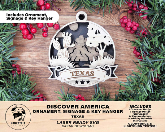 Texas Discover America Set - Includes Ornaments, Signage & Key Hanger - SVG, PDF, AI File types - Works With All Lasers