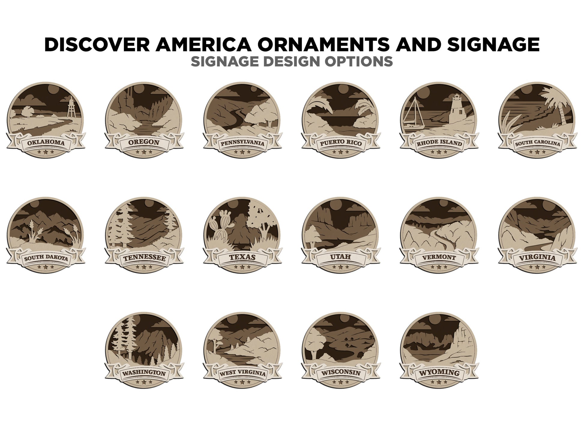 Discover America Product Set - Includes Ornaments, Signage & Key Hanger - SVG, PDF, AI File types - Works With All Lasers