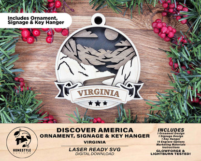 Virginia America Set - Includes Ornaments, Signage & Key Hanger - SVG, PDF, AI File types - Works With All Lasers