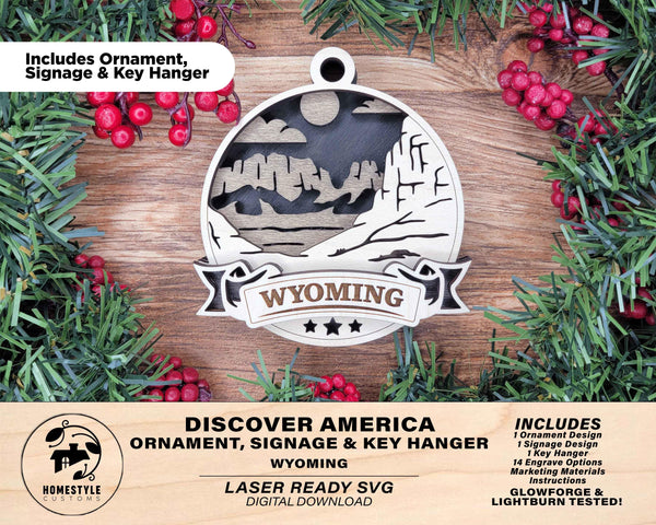 Wyoming America Set - Includes Ornaments, Signage & Key Hanger - SVG, PDF, AI File types - Works With All Lasers