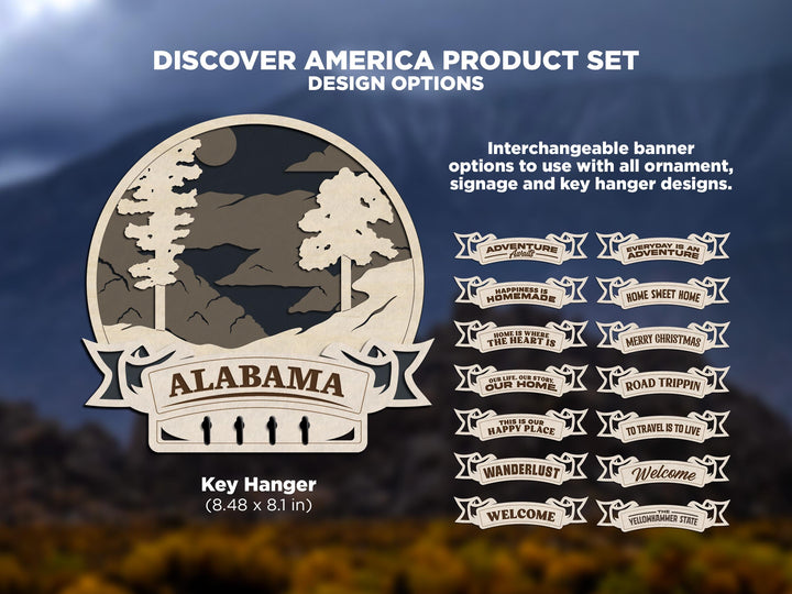 Alabama Discover America Set - Includes Ornaments, Signage & Key Hanger - SVG, PDF, AI File types - Works With All Lasers
