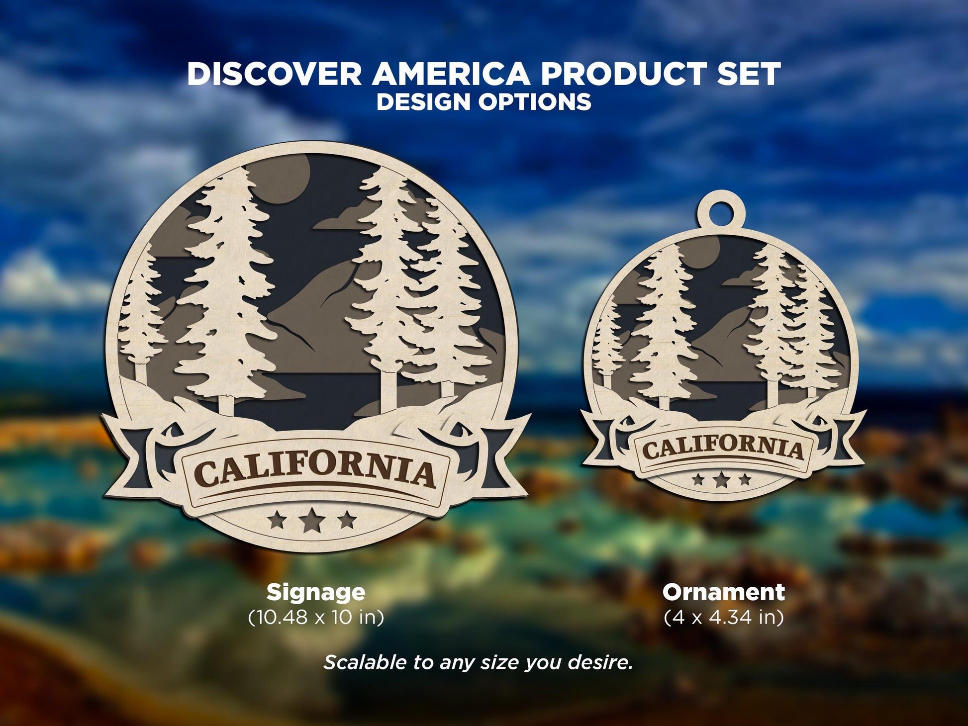 California Discover America Set - Includes Ornaments, Signage & Key Hanger - SVG, PDF, AI File types - Works With All Lasers