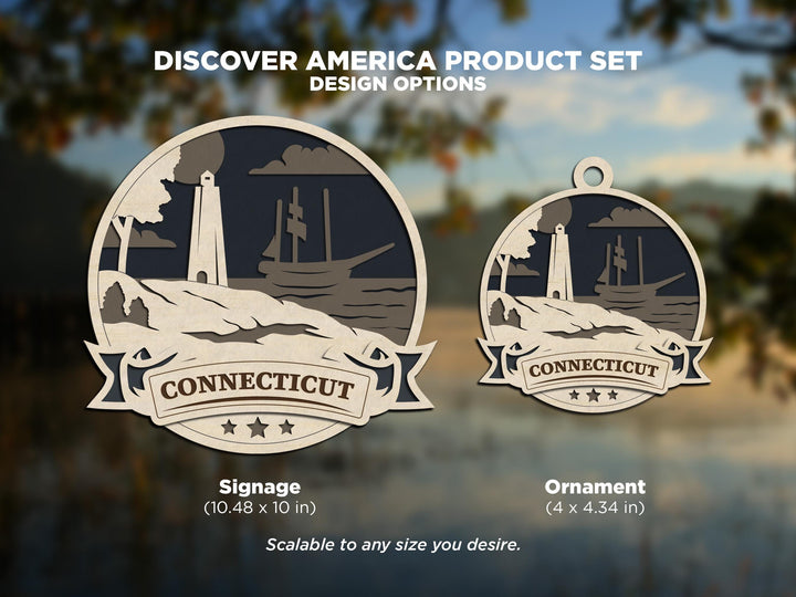 Connecticut Discover America Set - Includes Ornaments, Signage & Key Hanger - SVG, PDF, AI File types - Works With All Lasers