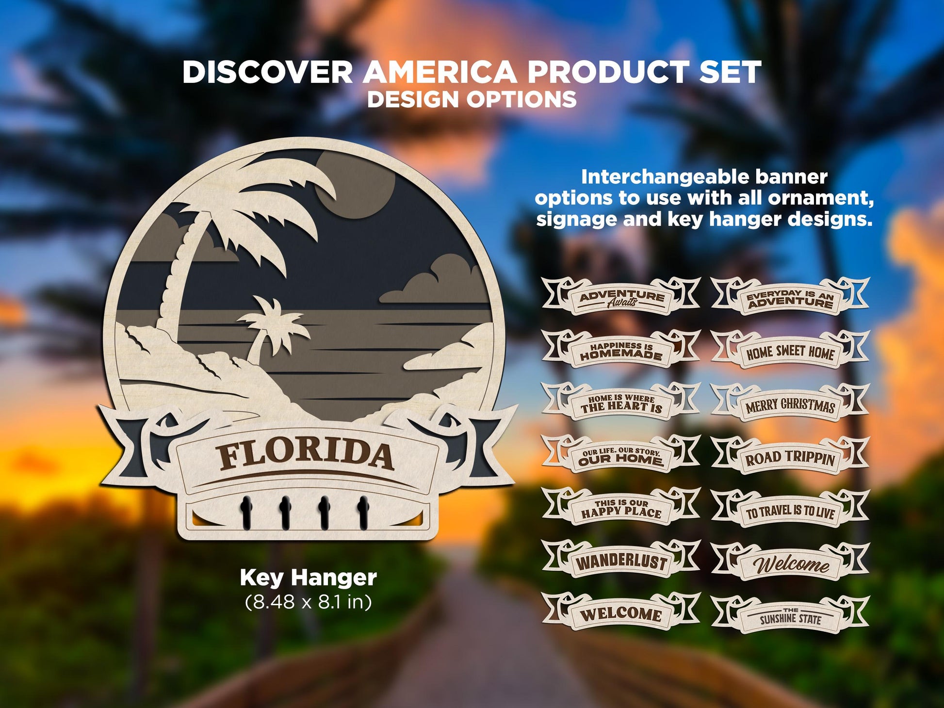 Florida Discover America Set - Includes Ornaments, Signage & Key Hanger - SVG, PDF, AI File types - Works With All Lasers