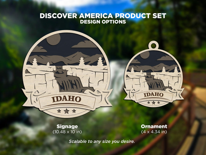 Idaho Discover America Set - Includes Ornaments, Signage & Key Hanger - SVG, PDF, AI File types - Works With All Lasers