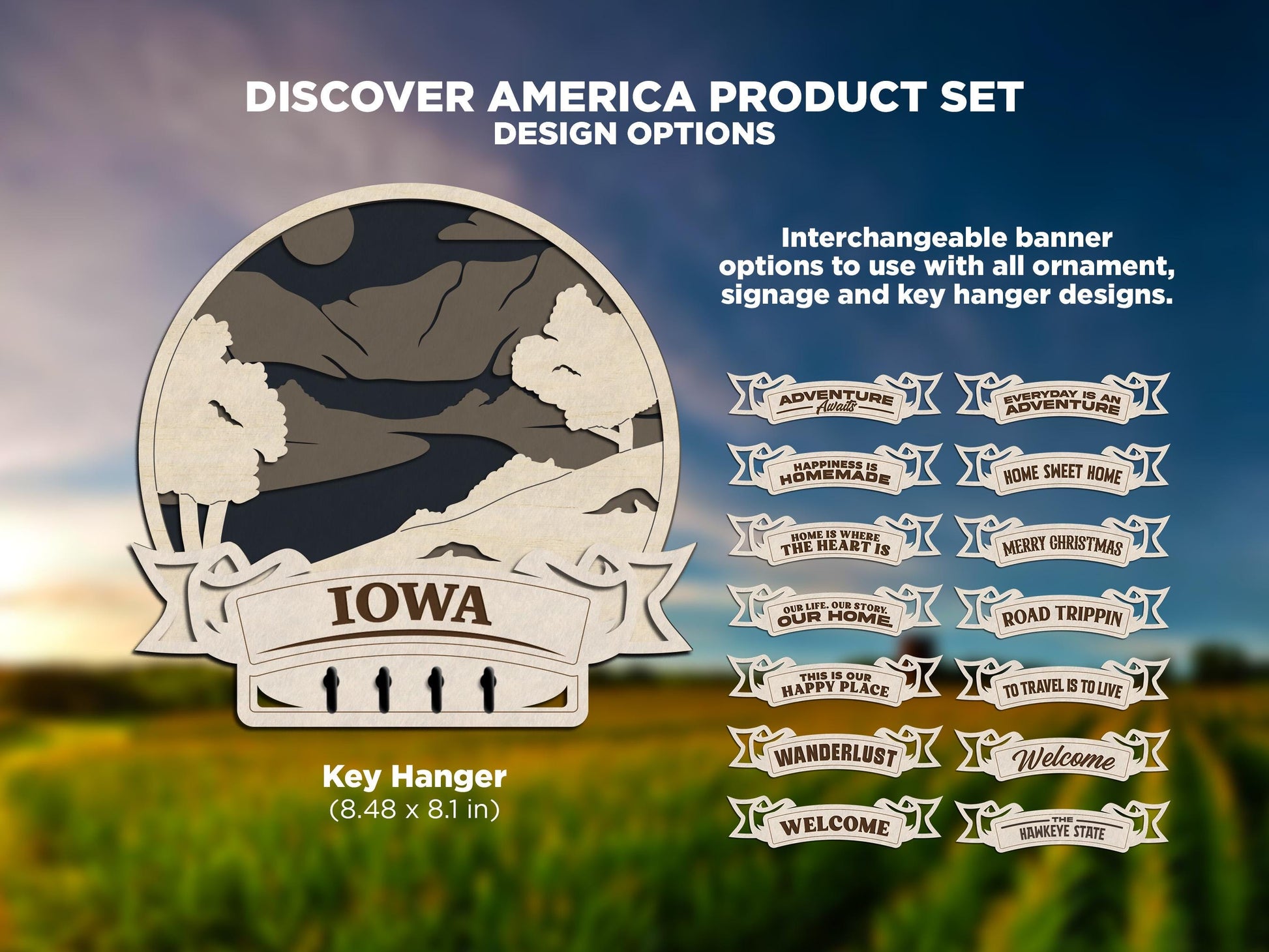 Iowa Discover America Set - Includes Ornaments, Signage & Key Hanger - SVG, PDF, AI File types - Works With All Lasers