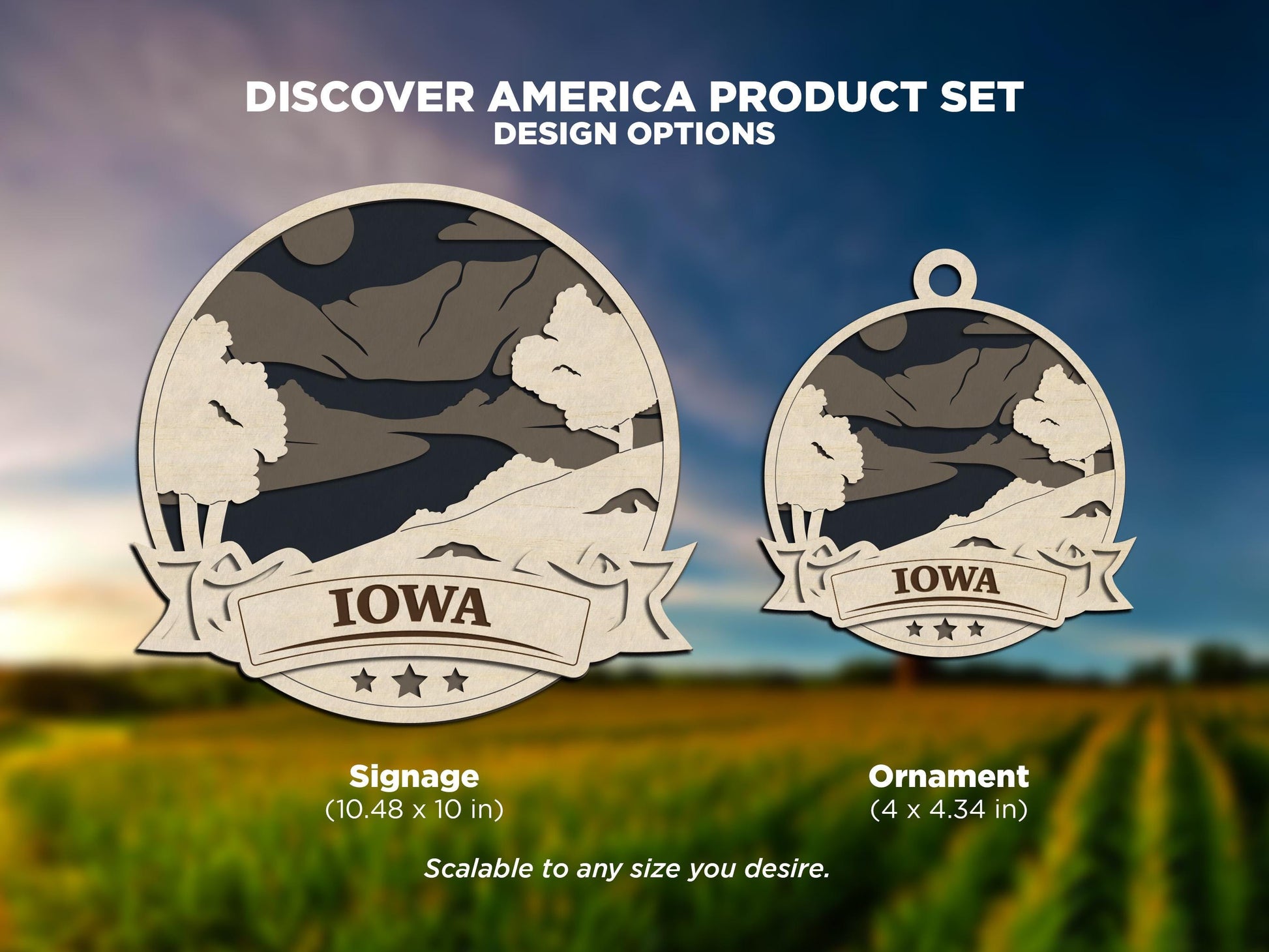 Iowa Discover America Set - Includes Ornaments, Signage & Key Hanger - SVG, PDF, AI File types - Works With All Lasers