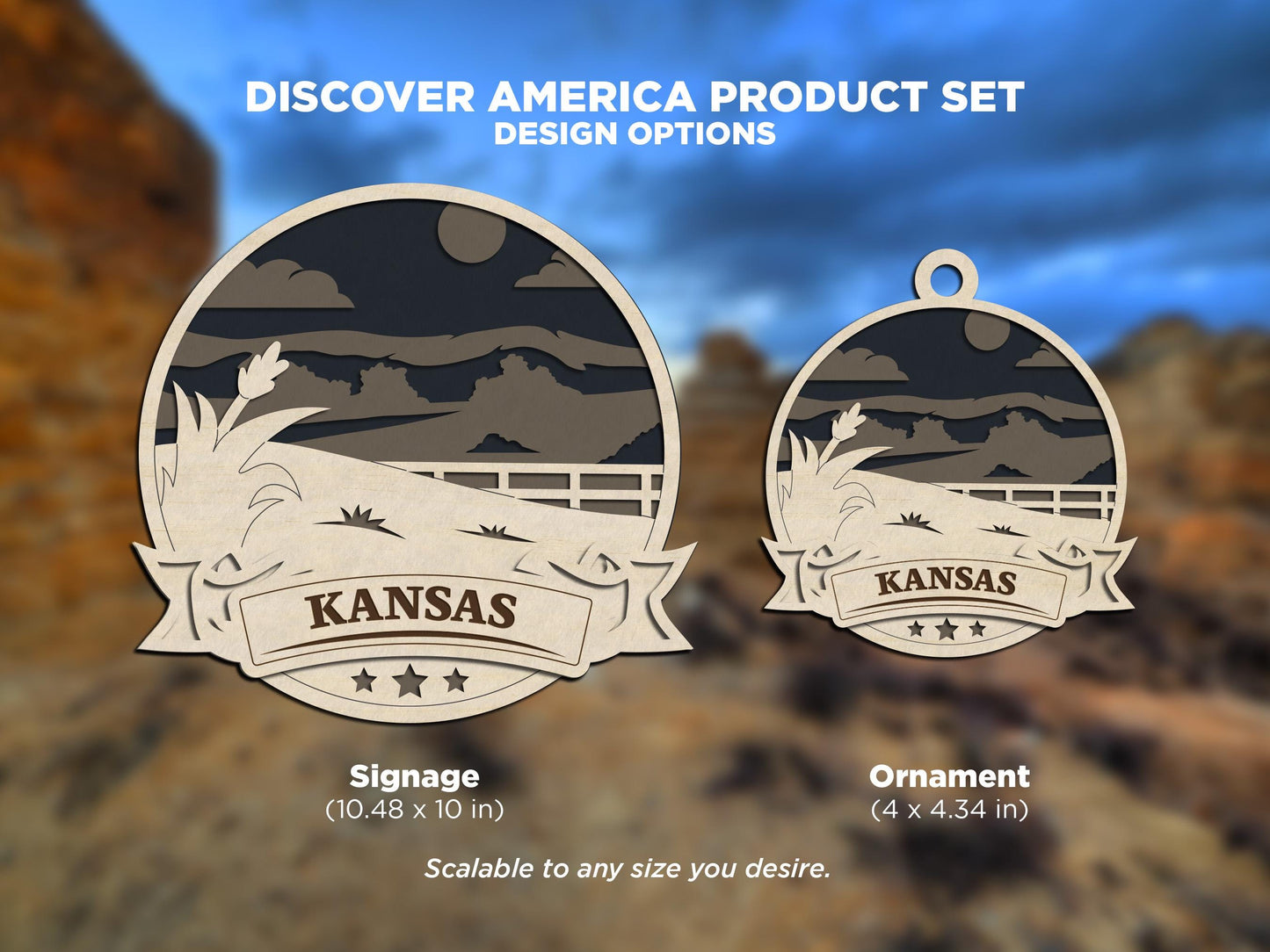 Kansas Discover America Set - Includes Ornaments, Signage & Key Hanger - SVG, PDF, AI File types - Works With All Lasers