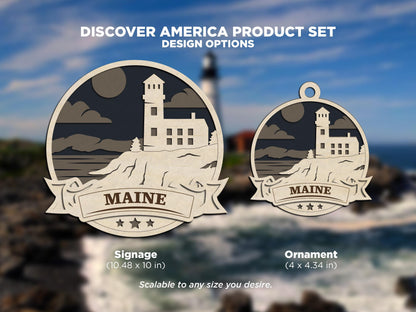 Maine Discover America Set - Includes Ornaments, Signage & Key Hanger - SVG, PDF, AI File types - Works With All Lasers