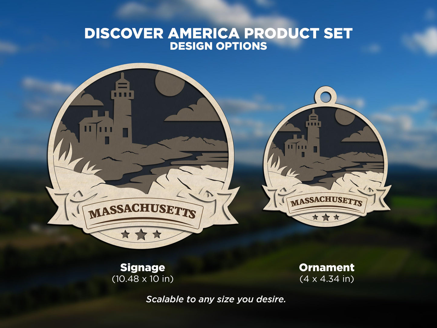 Massachusetts Discover America Set - Includes Ornaments, Signage & Key Hanger - SVG, PDF, AI File types - Works With All Lasers