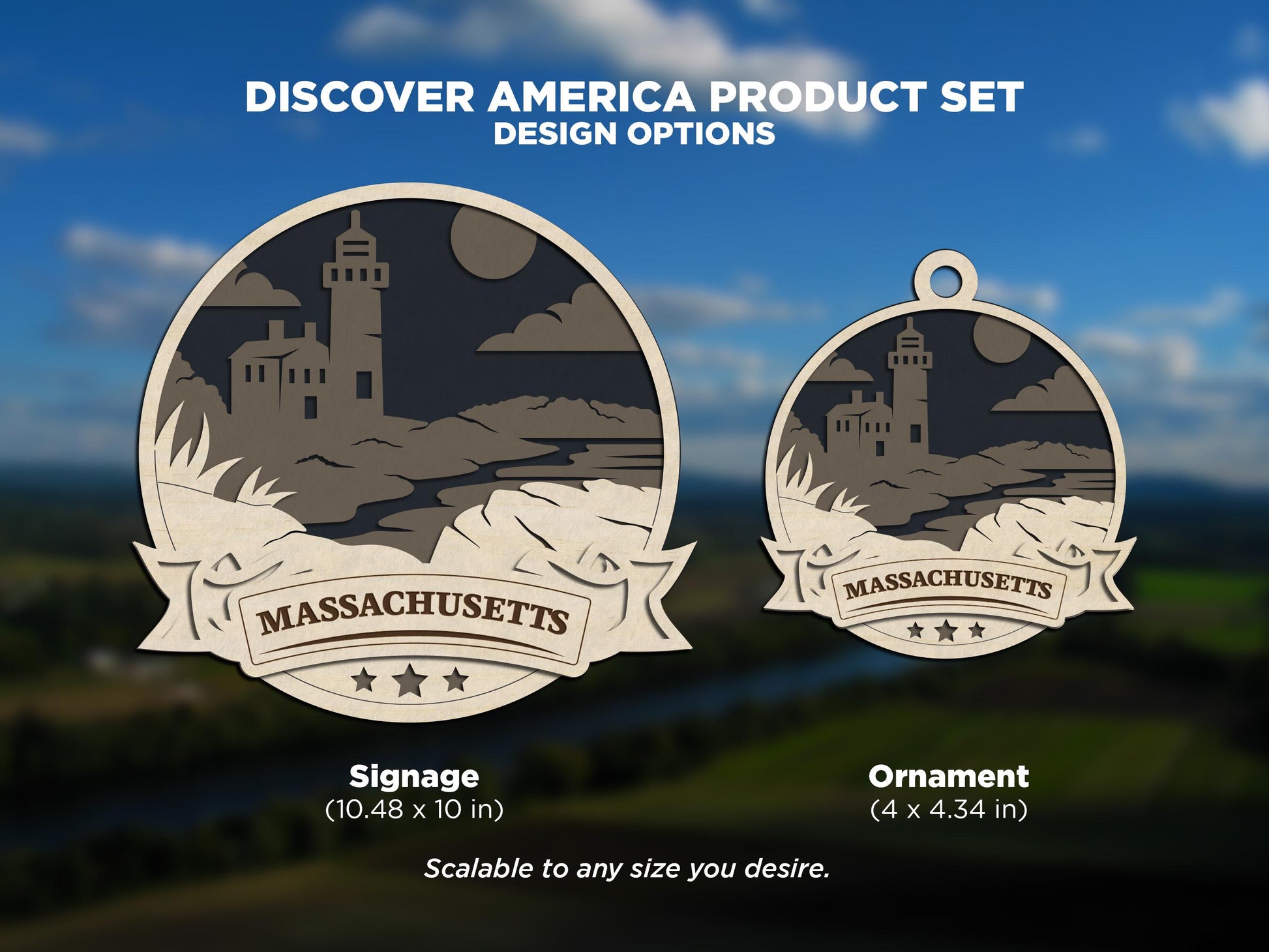 Massachusetts Discover America Set - Includes Ornaments, Signage & Key Hanger - SVG, PDF, AI File types - Works With All Lasers