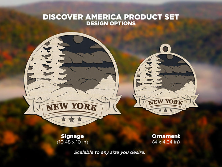 New York Discover America Set - Includes Ornaments, Signage & Key Hanger - SVG, PDF, AI File types - Works With All Lasers