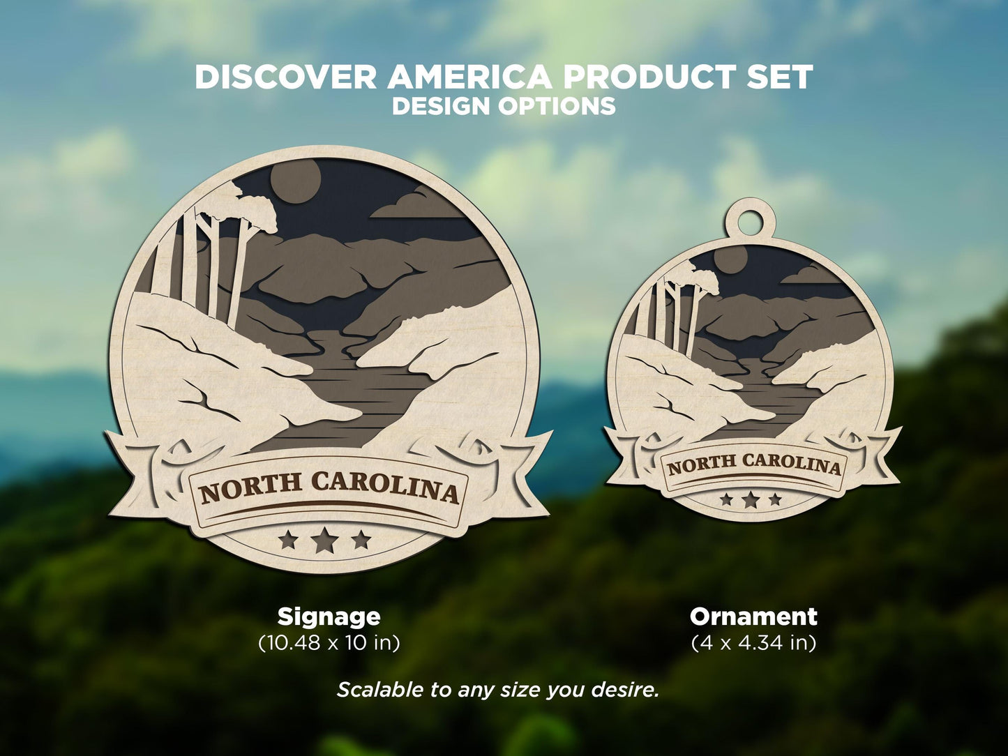 North Carolina Discover America Set - Includes Ornaments, Signage & Key Hanger - SVG, PDF, AI File types - Works With All Lasers