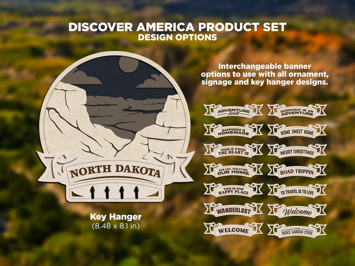 North Dakota Discover America Set - Includes Ornaments, Signage & Key Hanger - SVG, PDF, AI File types - Works With All Lasers