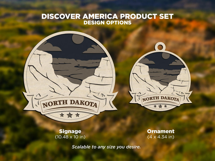 North Dakota Discover America Set - Includes Ornaments, Signage & Key Hanger - SVG, PDF, AI File types - Works With All Lasers