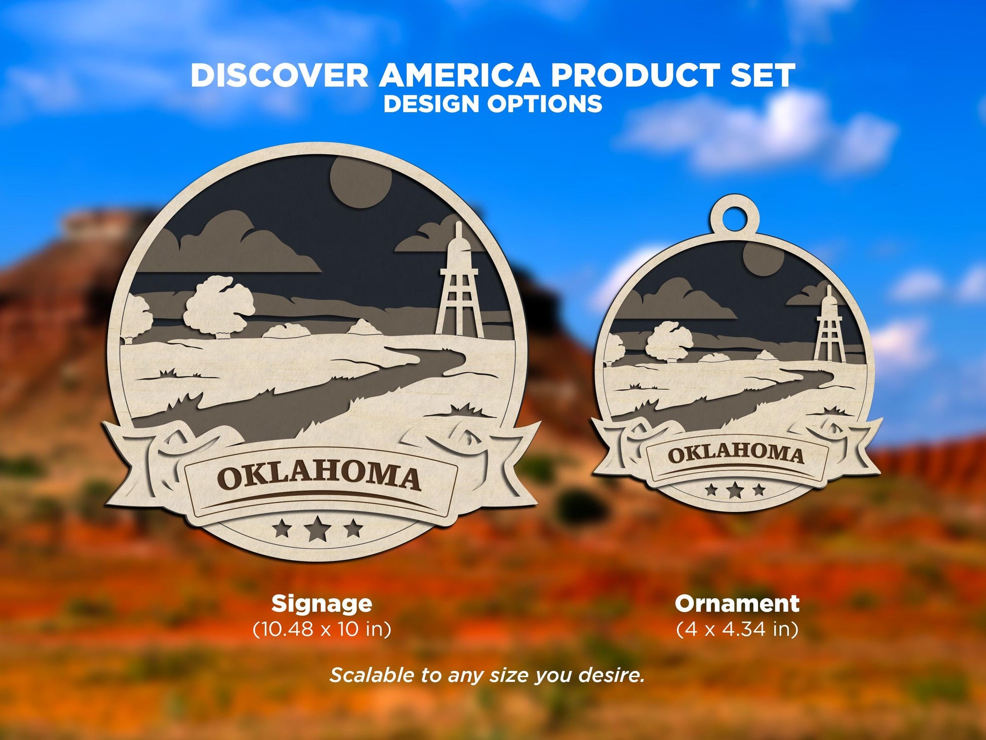 Oklahoma Discover America Set - Includes Ornaments, Signage & Key Hanger - SVG, PDF, AI File types - Works With All Lasers