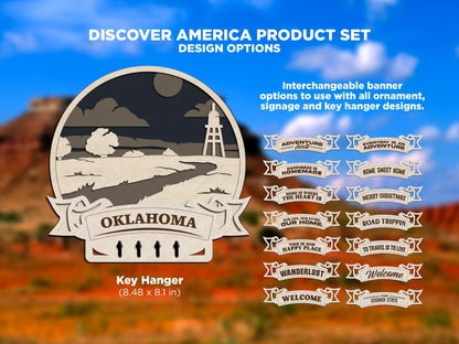 Oklahoma Discover America Set - Includes Ornaments, Signage & Key Hanger - SVG, PDF, AI File types - Works With All Lasers