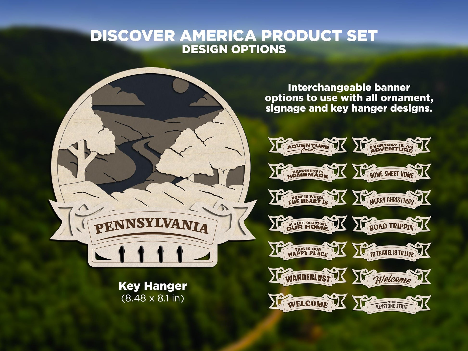 Pennsylvania Discover America Set - Includes Ornaments, Signage & Key Hanger - SVG, PDF, AI File types - Works With All Lasers