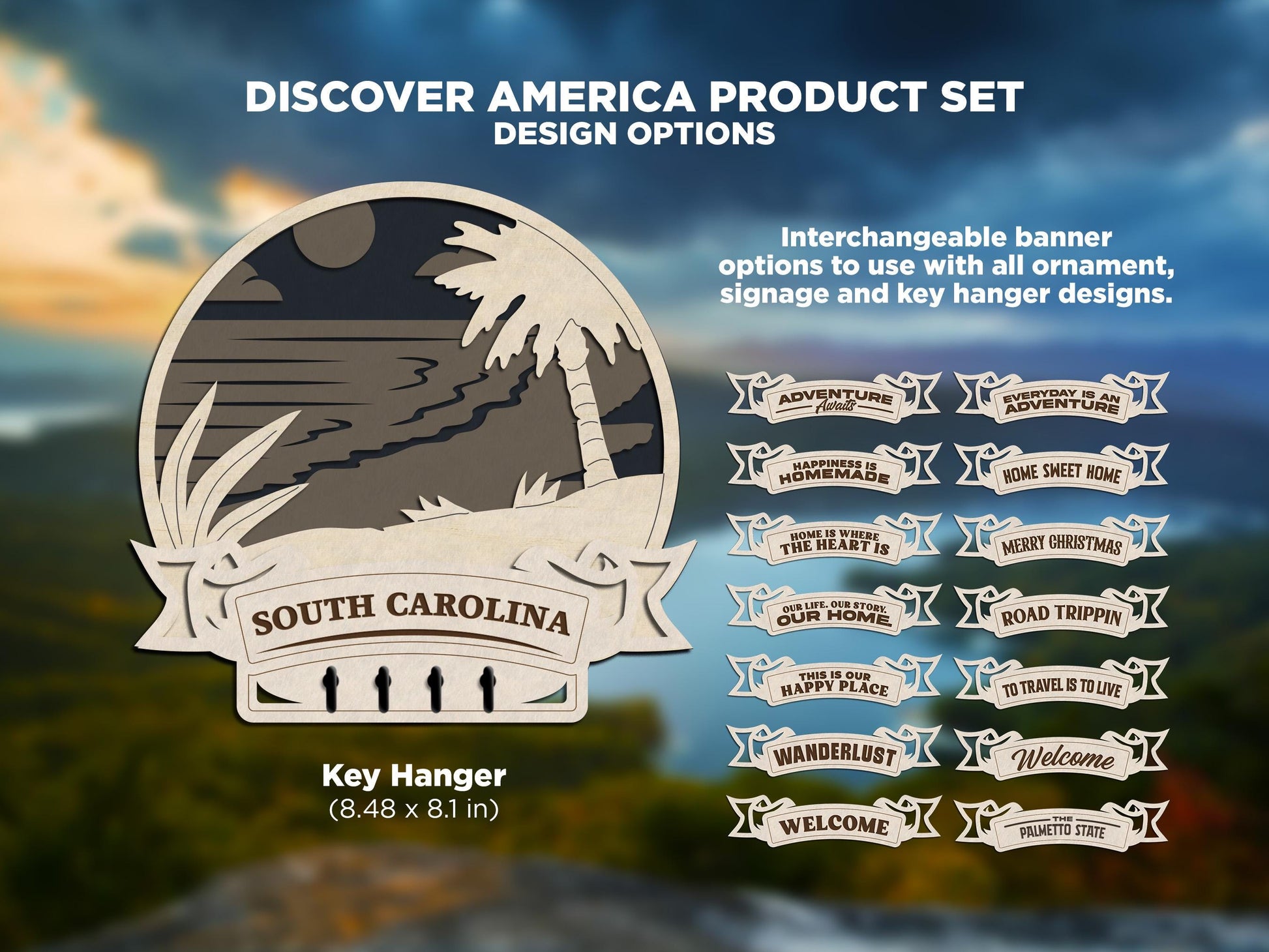 South Carolina Discover America Set - Includes Ornaments, Signage & Key Hanger - SVG, PDF, AI File types - Works With All Lasers