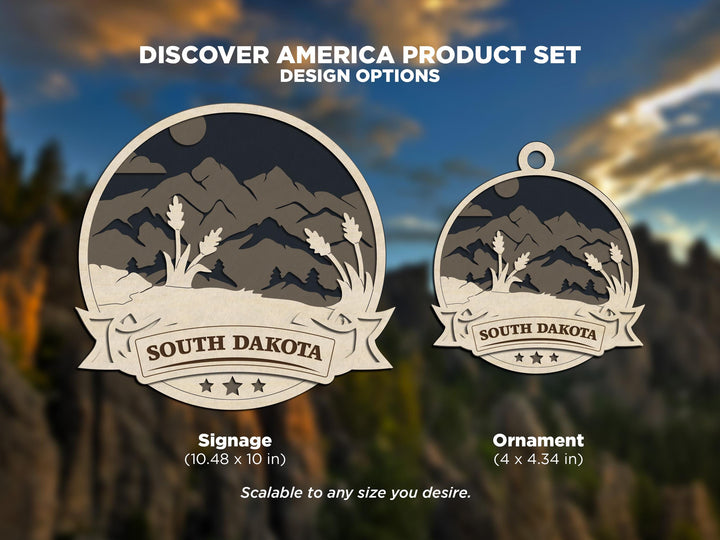 South Dakota Discover America Set - Includes Ornaments, Signage & Key Hanger - SVG, PDF, AI File types - Works With All Lasers