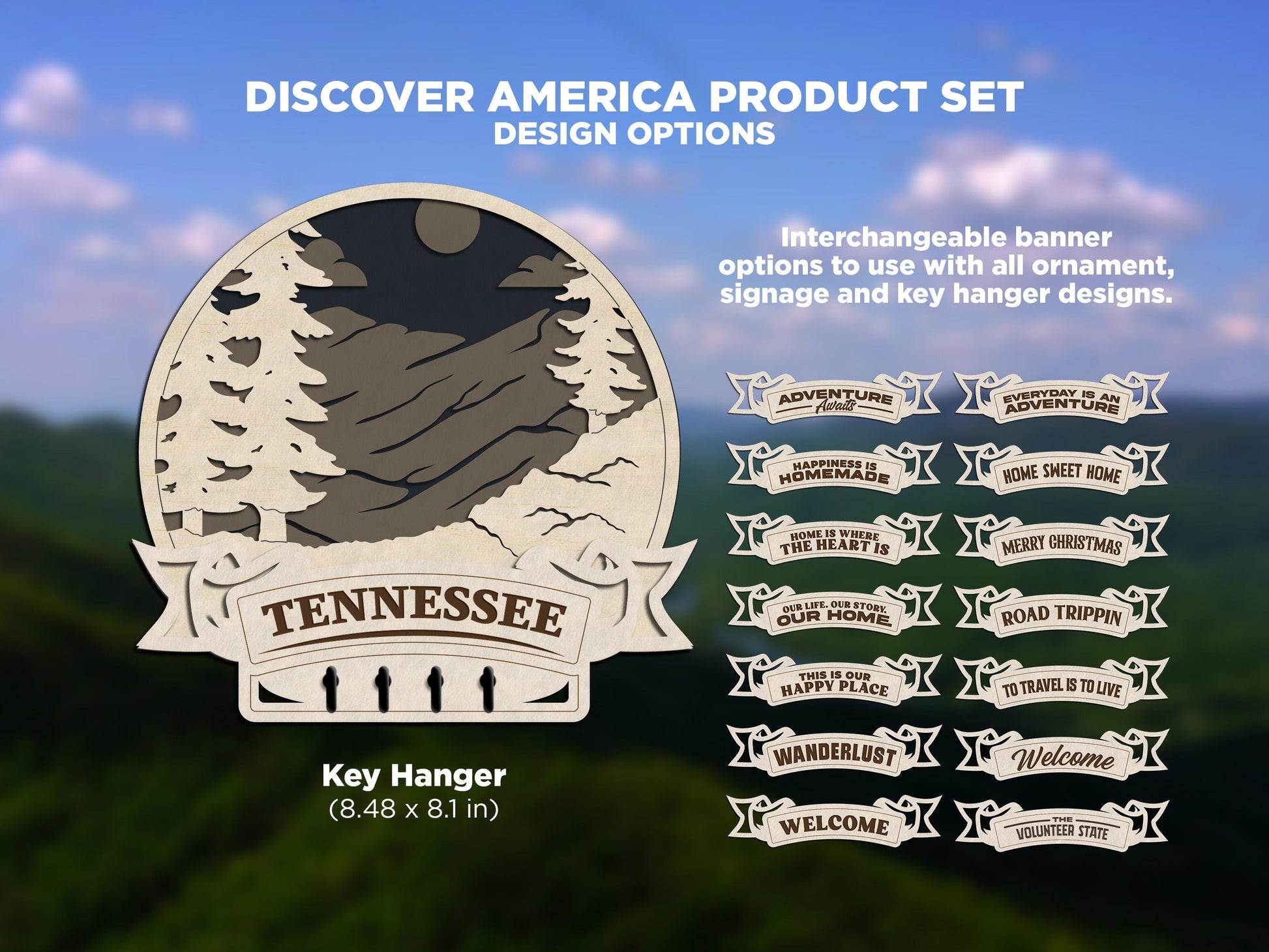 Tennessee Discover America Set - Includes Ornaments, Signage & Key Hanger - SVG, PDF, AI File types - Works With All Lasers