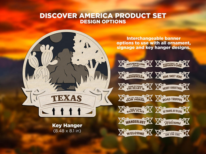 Texas Discover America Set - Includes Ornaments, Signage & Key Hanger - SVG, PDF, AI File types - Works With All Lasers