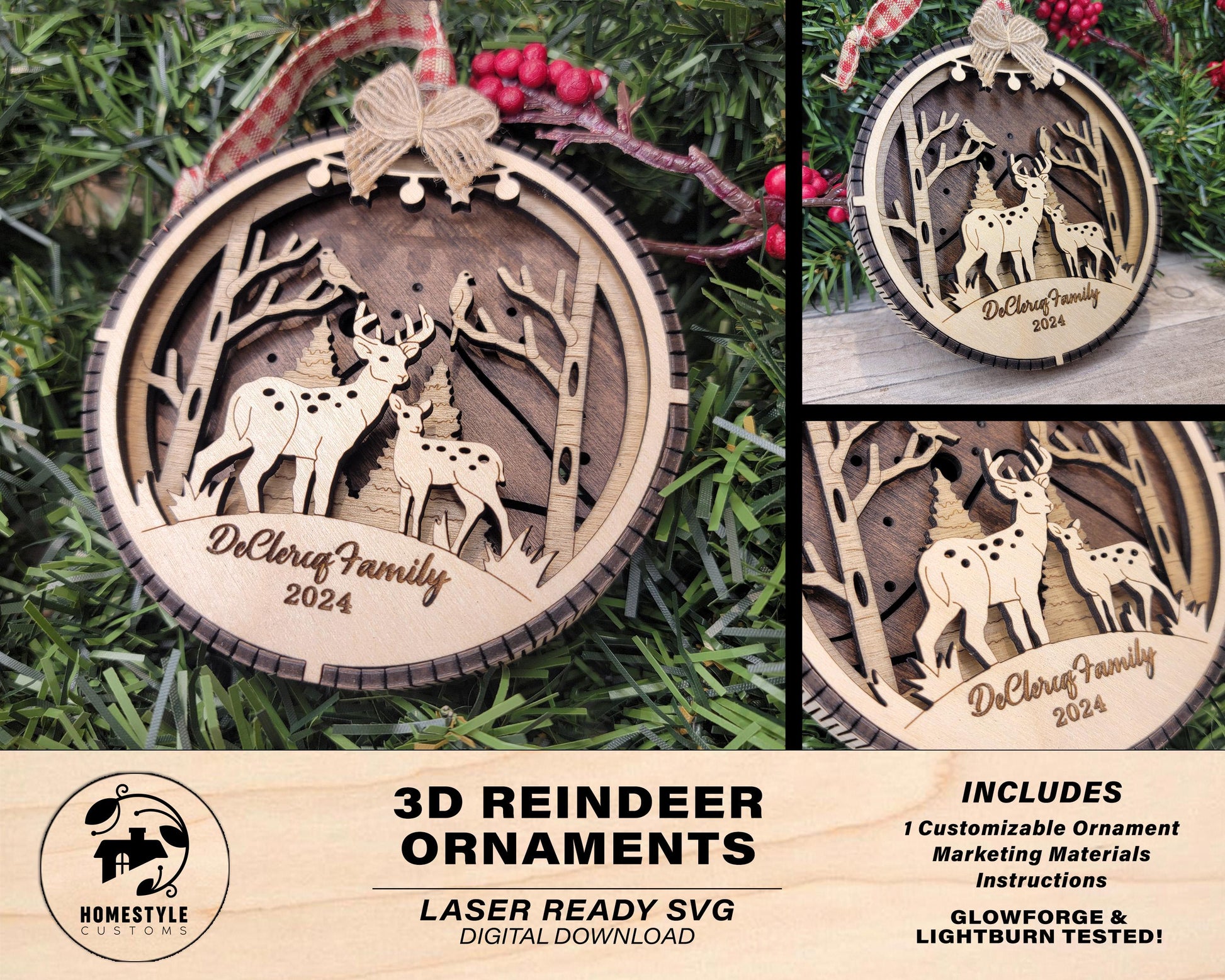 3D Reindeer Ornament - Personalize with Family Name - SVG, PDF, AI File types - Works With All Lasers