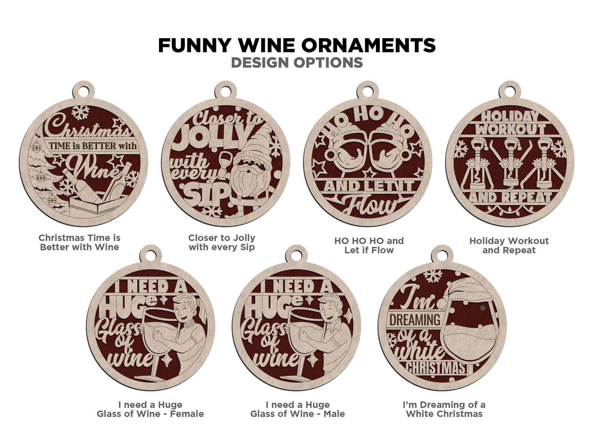 Funny Wine Ornaments - 14 Unique Ornament Designs - SVG, PDF, AI File Download - Works on all Laser Types