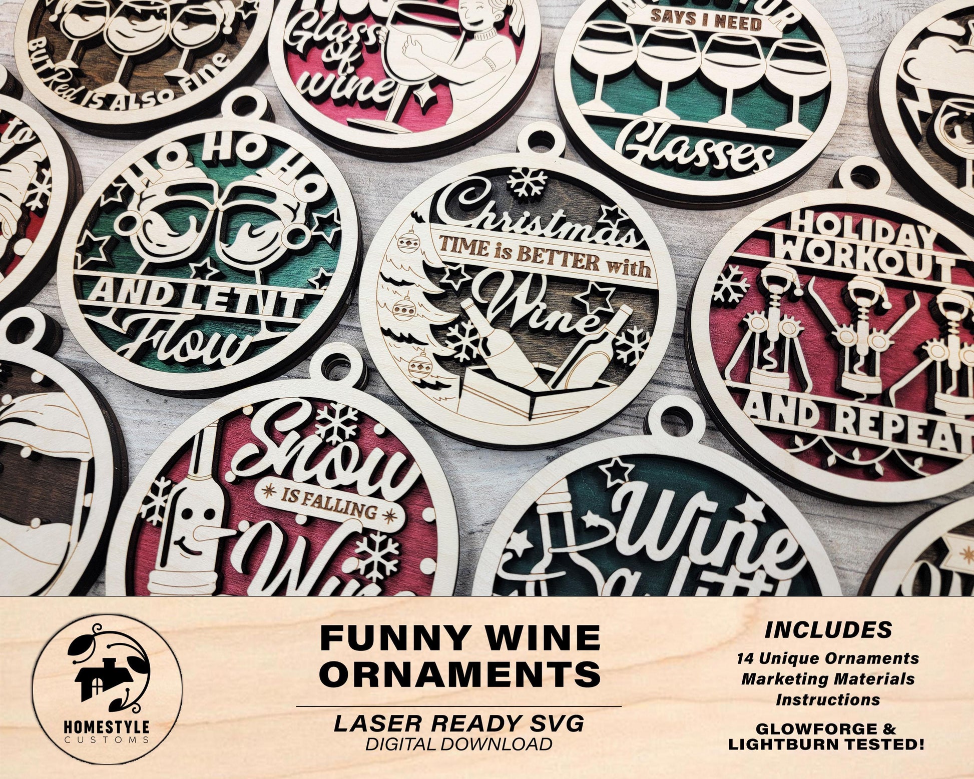 Funny Wine Ornaments - 14 Unique Ornament Designs - SVG, PDF, AI File Download - Works on all Laser Types