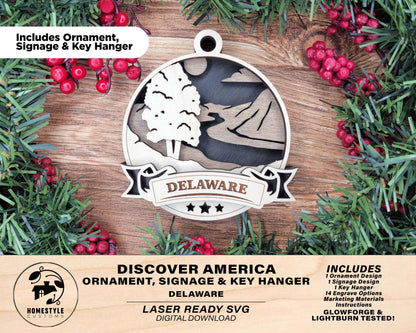 Delaware Discover America Set - Includes Ornaments, Signage & Key Hanger - SVG, PDF, AI File types - Works With All Lasers