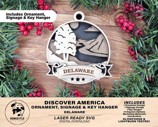 Delaware Discover America Set - Includes Ornaments, Signage & Key Hanger - SVG, PDF, AI File types - Works With All Lasers