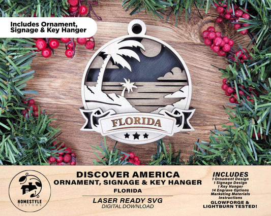 Florida Discover America Set - Includes Ornaments, Signage & Key Hanger - SVG, PDF, AI File types - Works With All Lasers