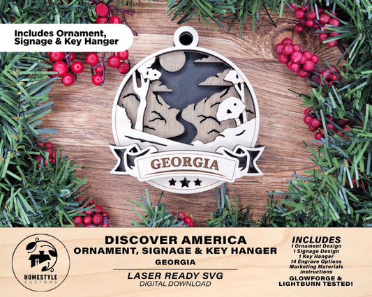 Georgia Discover America Set - Includes Ornaments, Signage & Key Hanger - SVG, PDF, AI File types - Works With All Lasers