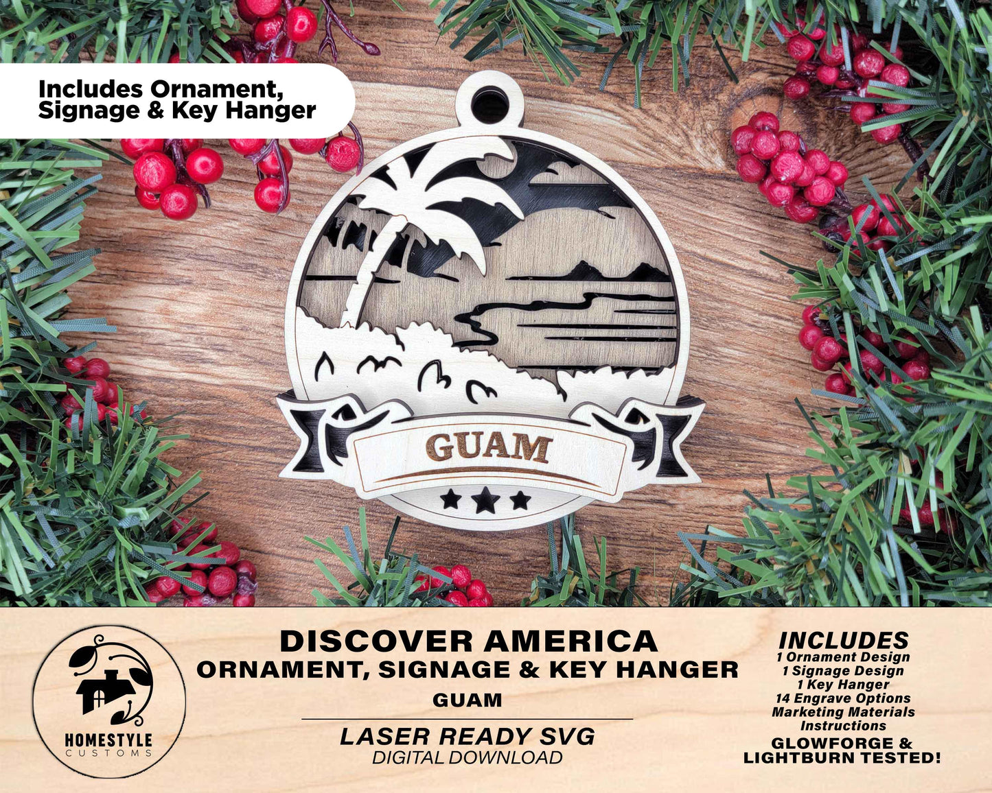 Guam Discover America Set - Includes Ornaments, Signage & Key Hanger - SVG, PDF, AI File types - Works With All Lasers