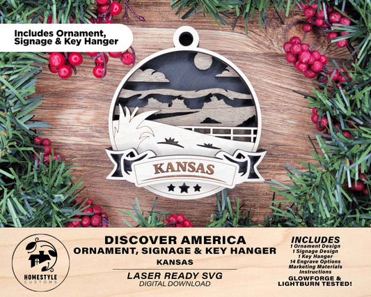 Kansas Discover America Set - Includes Ornaments, Signage & Key Hanger - SVG, PDF, AI File types - Works With All Lasers