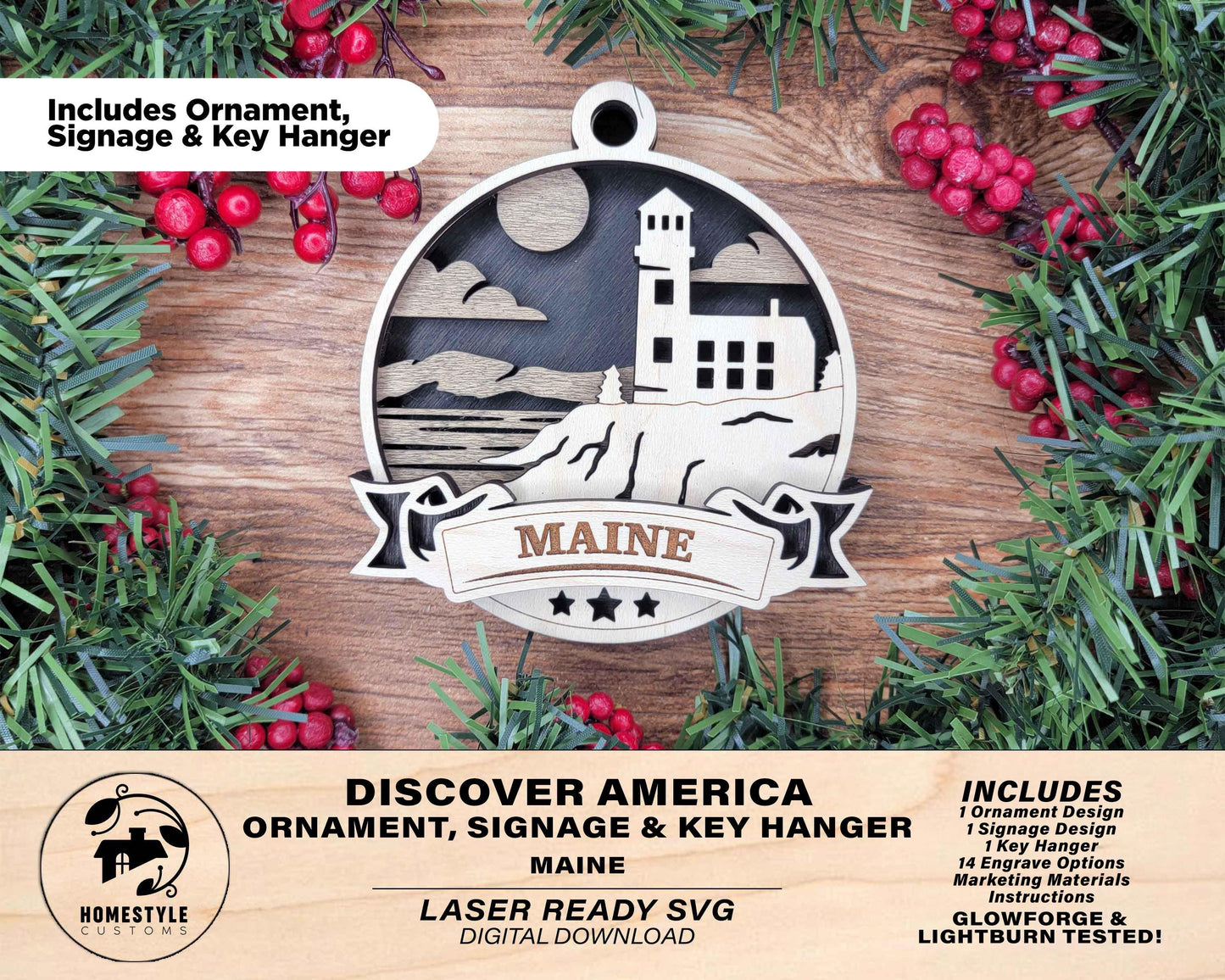 Maine Discover America Set - Includes Ornaments, Signage & Key Hanger - SVG, PDF, AI File types - Works With All Lasers