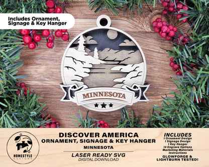 Minnesota Discover America Set - Includes Ornaments, Signage & Key Hanger - SVG, PDF, AI File types - Works With All Lasers