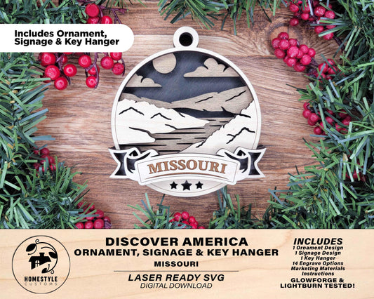 Missouri Discover America Set - Includes Ornaments, Signage & Key Hanger - SVG, PDF, AI File types - Works With All Lasers