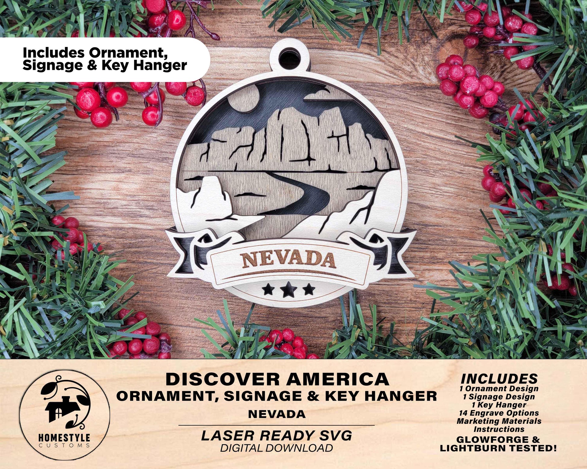 Nevada Discover America Set - Includes Ornaments, Signage & Key Hanger - SVG, PDF, AI File types - Works With All Lasers